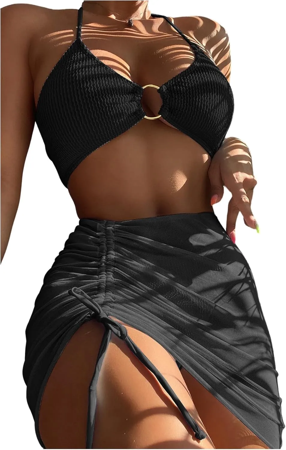 MakeMeChic Women's 3 Piece Bathing Suits Halter Ring Bikini Set with Cover Up Skirts