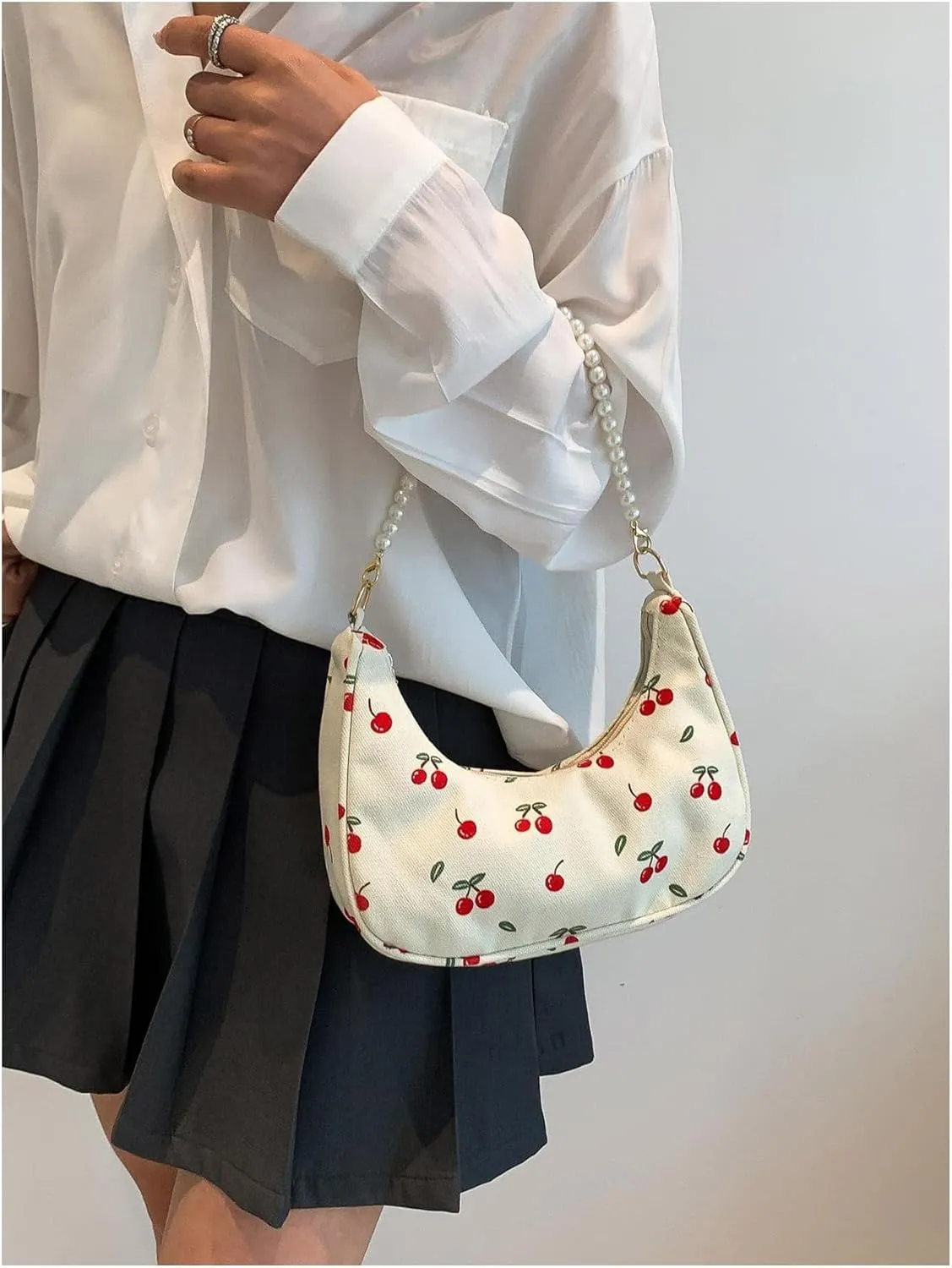 MakeMeChic Women's Cherry Print Pearl Crescent Shoulder Handbag Top Handle Zipper Underarm Bag
