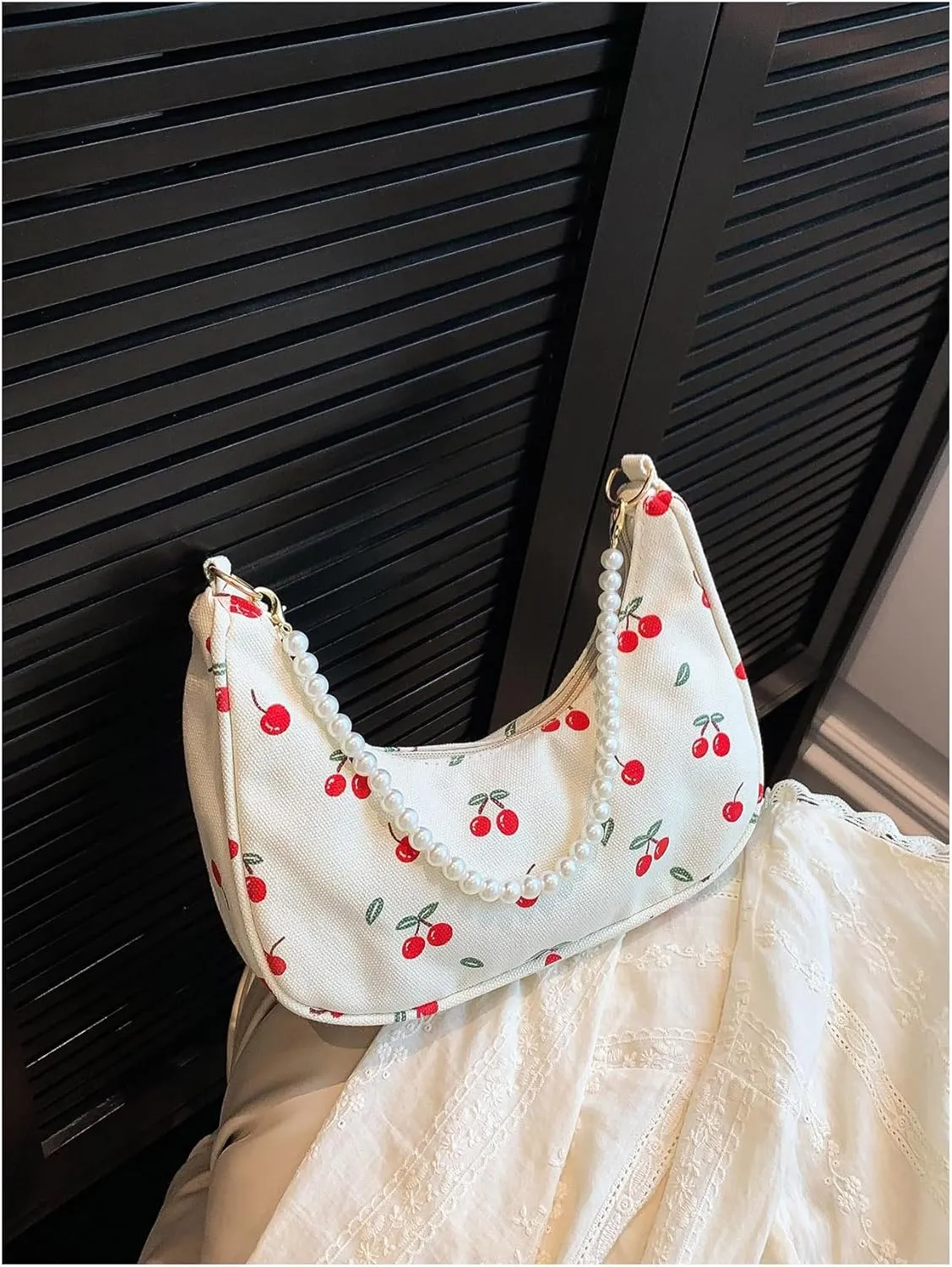 MakeMeChic Women's Cherry Print Pearl Crescent Shoulder Handbag Top Handle Zipper Underarm Bag