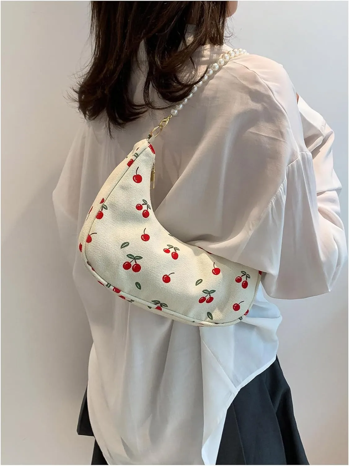 MakeMeChic Women's Cherry Print Pearl Crescent Shoulder Handbag Top Handle Zipper Underarm Bag