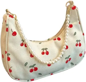 MakeMeChic Women's Cherry Print Pearl Crescent Shoulder Handbag Top Handle Zipper Underarm Bag