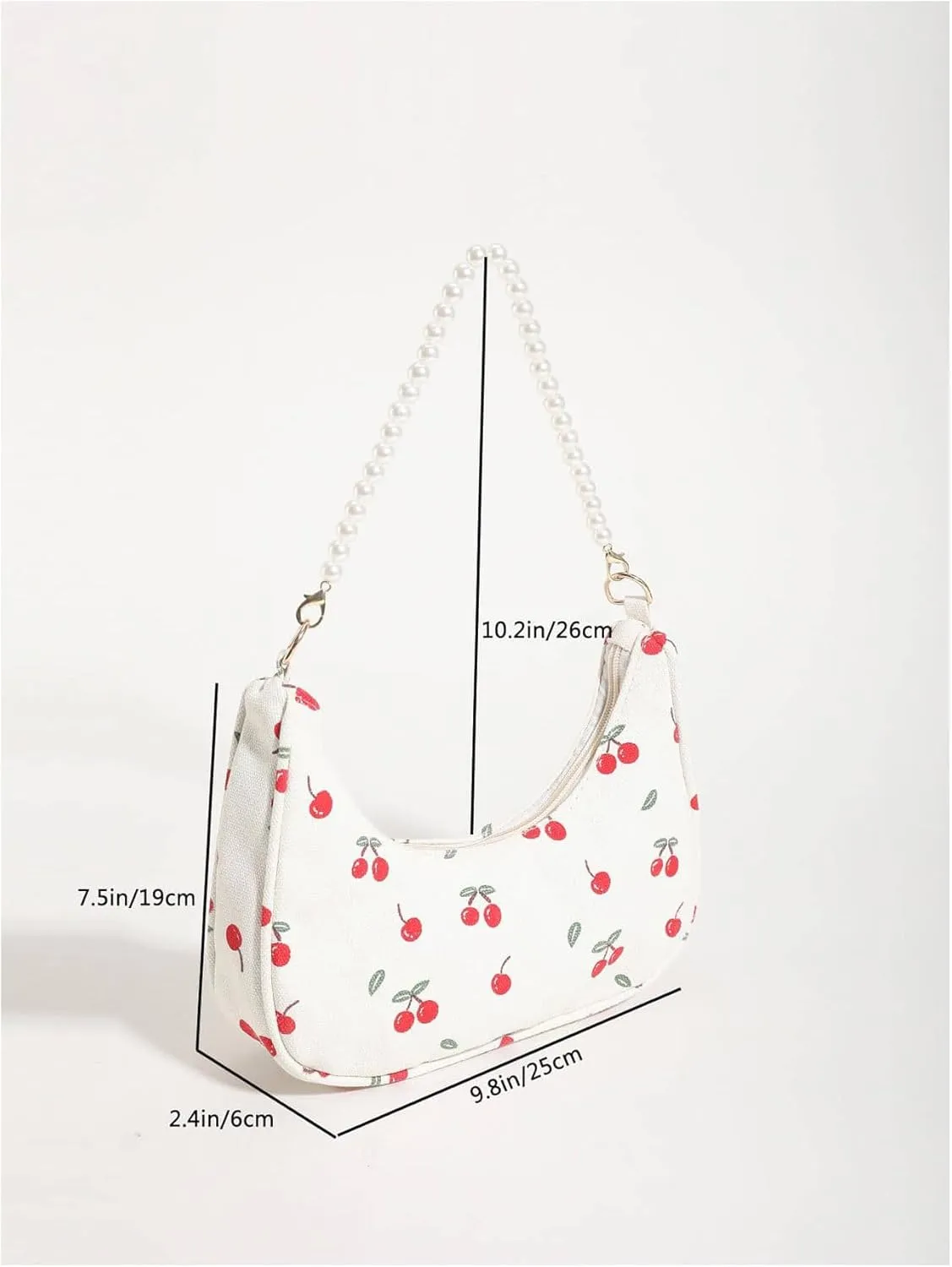 MakeMeChic Women's Cherry Print Pearl Crescent Shoulder Handbag Top Handle Zipper Underarm Bag