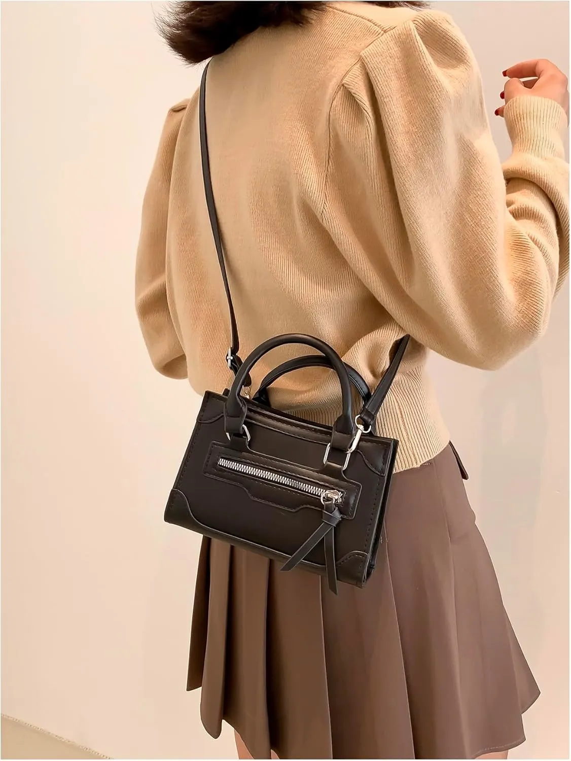 MakeMeChic Women's PU Leather Crossbody Bags Zipper Buckle Top Handle Square Bag Handbags