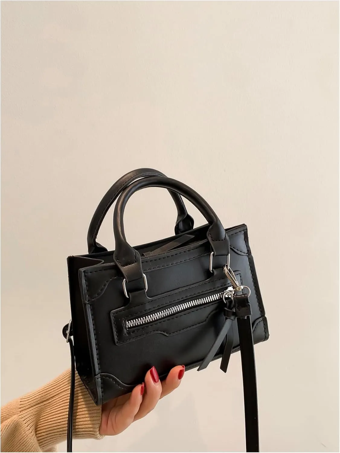 MakeMeChic Women's PU Leather Crossbody Bags Zipper Buckle Top Handle Square Bag Handbags