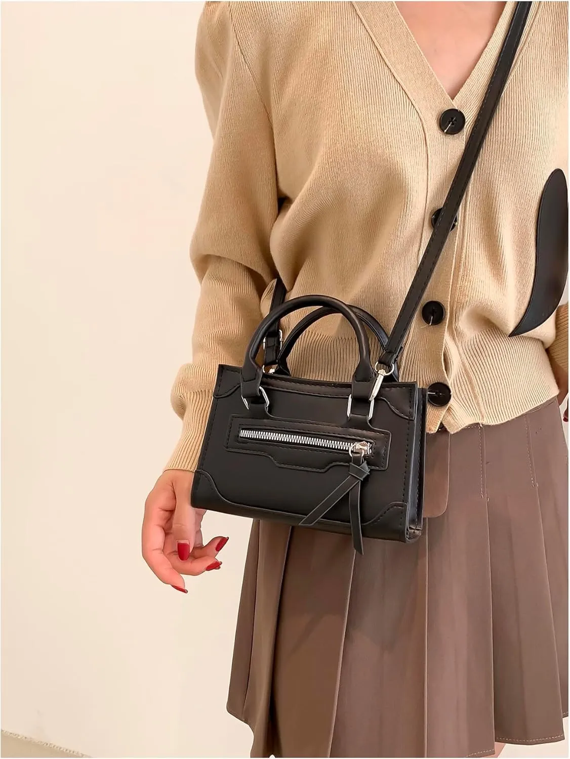 MakeMeChic Women's PU Leather Crossbody Bags Zipper Buckle Top Handle Square Bag Handbags