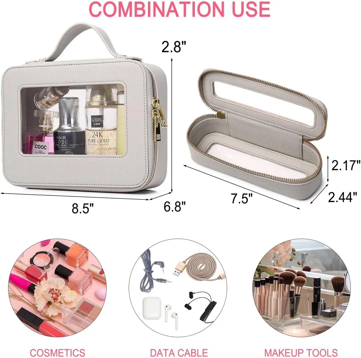 Makeup Brush Bag Slim Clear Makeup Bag Transparent Travel Cosmetic Case & Toiletry Bag with Zipper Small Beatuy Makeup Bag Purse Organizer for Women (X/Gray, SLIM)
