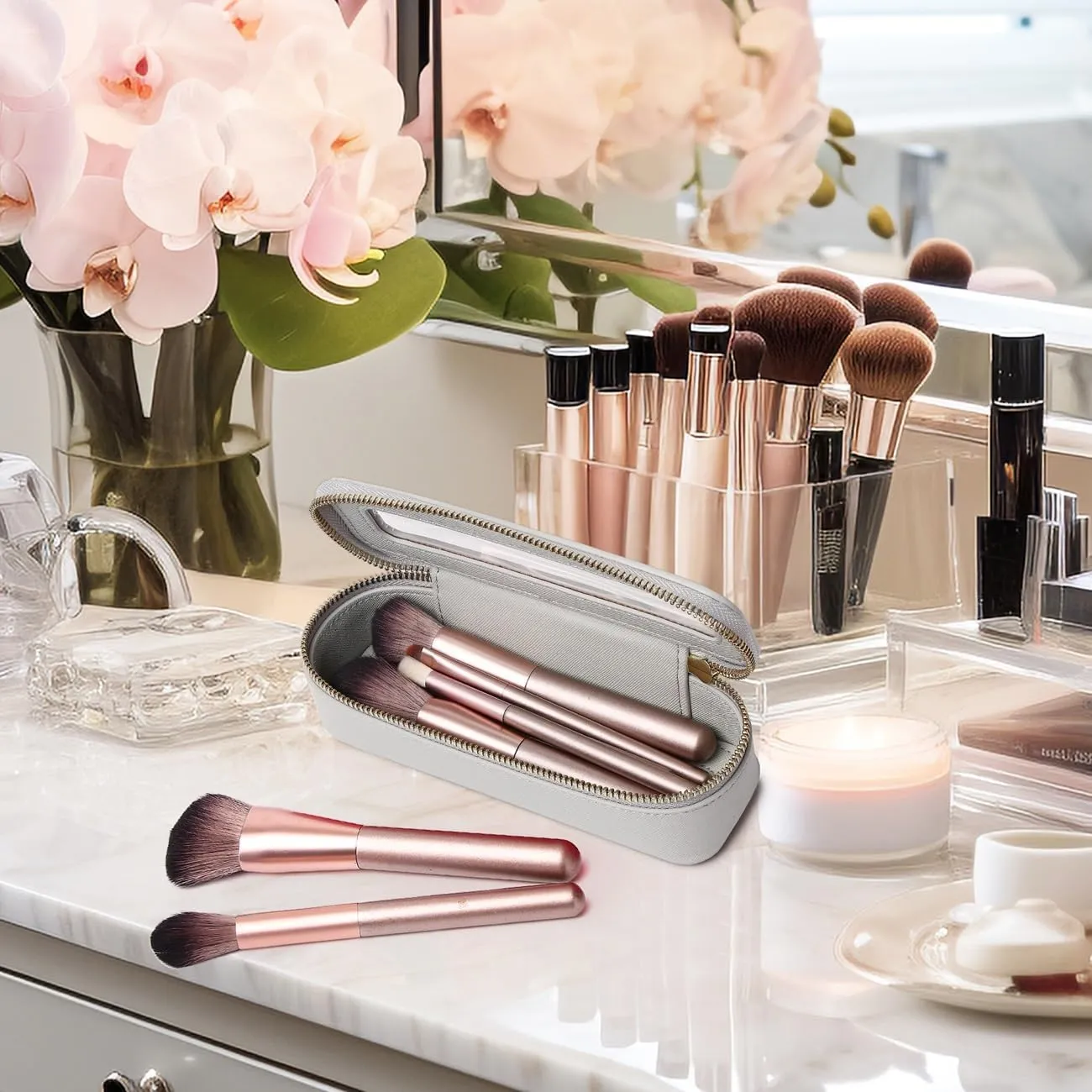 Makeup Brush Bag Slim Clear Makeup Bag Transparent Travel Cosmetic Case & Toiletry Bag with Zipper Small Beatuy Makeup Bag Purse Organizer for Women (X/Gray, SLIM)