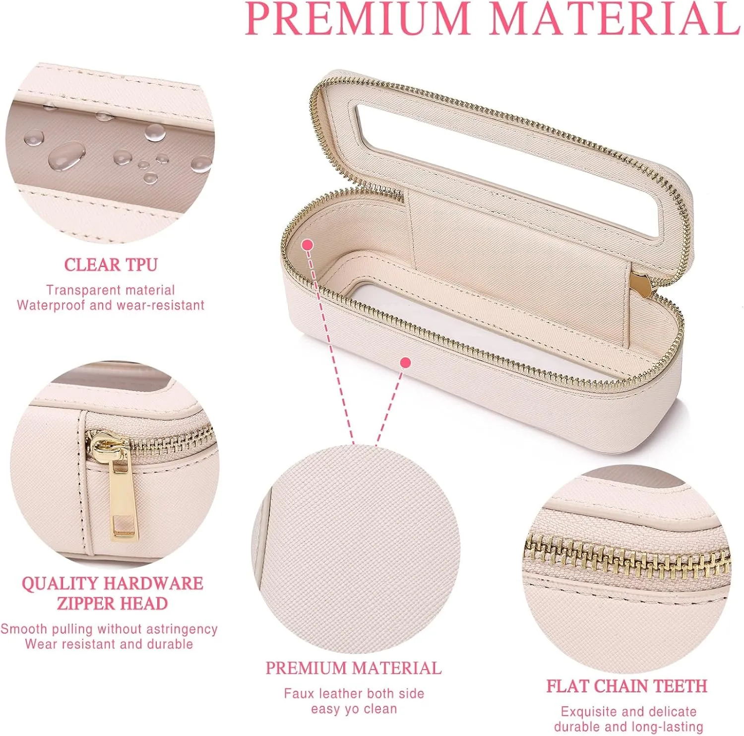 Makeup Brush Case Clear Travel Cosmetic & Toiletry Bag Slim Makeup Bag with Zipper Small Purse Organizer Car Essential Bag for Women (Beige, SLIM-3)