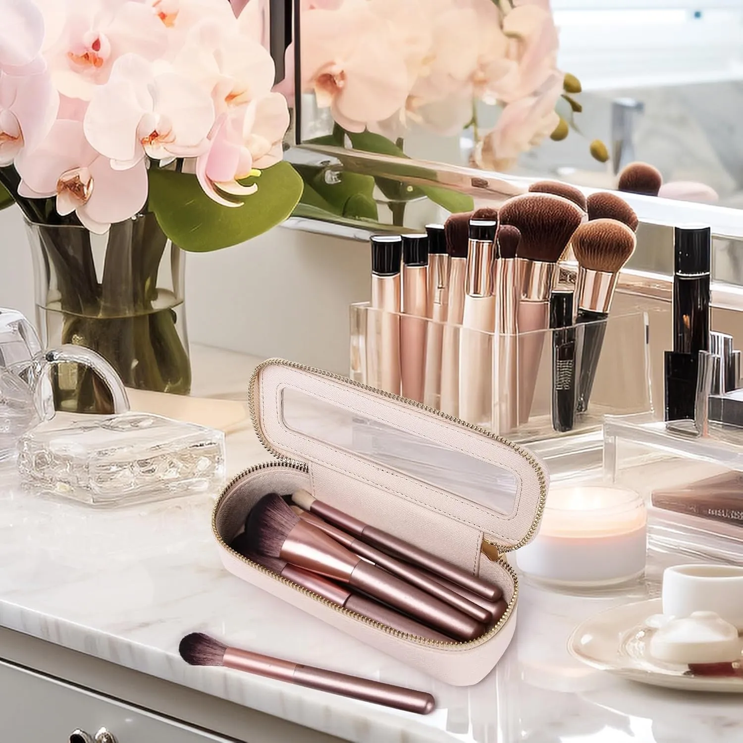 Makeup Brush Case Clear Travel Cosmetic & Toiletry Bag Slim Makeup Bag with Zipper Small Purse Organizer Car Essential Bag for Women (Beige, SLIM-3)