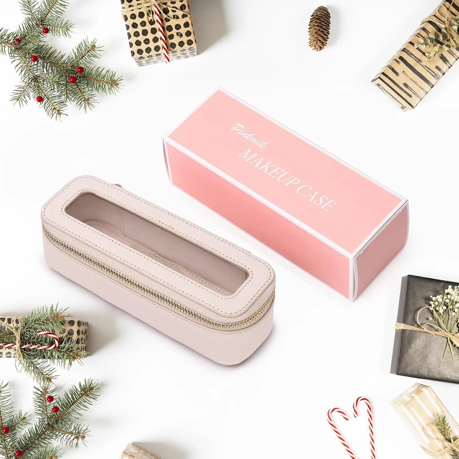 Makeup Brush Case Clear Travel Cosmetic & Toiletry Bag Slim Makeup Bag with Zipper Small Purse Organizer Car Essential Bag for Women (Beige, SLIM-3)