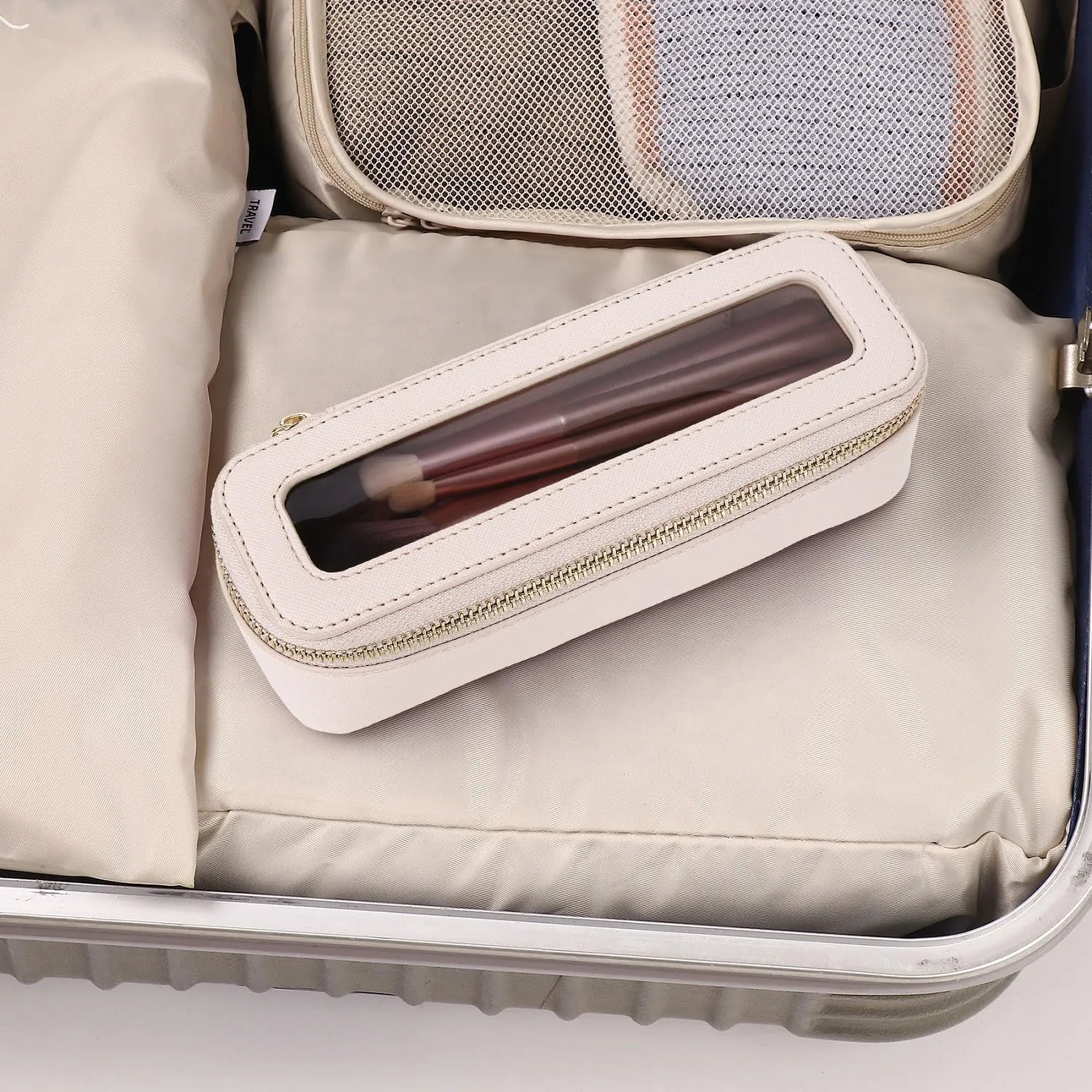 Makeup Brush Case Clear Travel Cosmetic & Toiletry Bag Slim Makeup Bag with Zipper Small Purse Organizer Car Essential Bag for Women (Beige, SLIM-3)