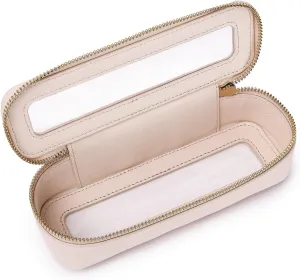 Makeup Brush Case Clear Travel Cosmetic & Toiletry Bag Slim Makeup Bag with Zipper Small Purse Organizer Car Essential Bag for Women (Beige, SLIM-3)