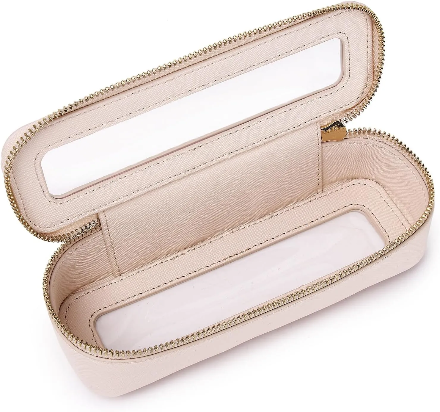 Makeup Brush Case Clear Travel Cosmetic & Toiletry Bag Slim Makeup Bag with Zipper Small Purse Organizer Car Essential Bag for Women (Beige, SLIM-3)