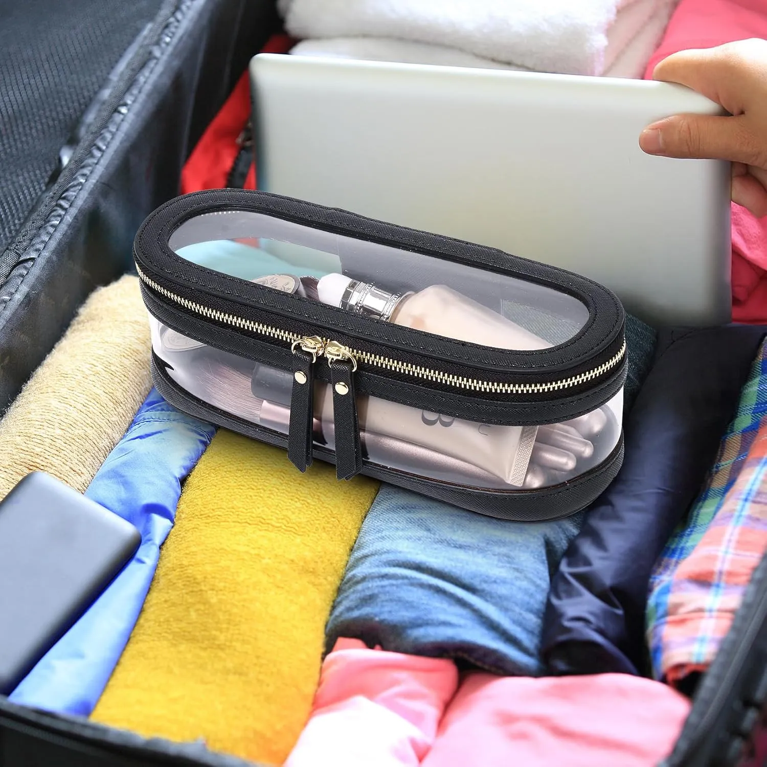 Makeup Brush Case Clear Travel Cosmetic & Toiletry Bag Slim Makeup Bag with Zipper Small Purse Organizer Car Essential Bag for Women (Black, SLIM-2),