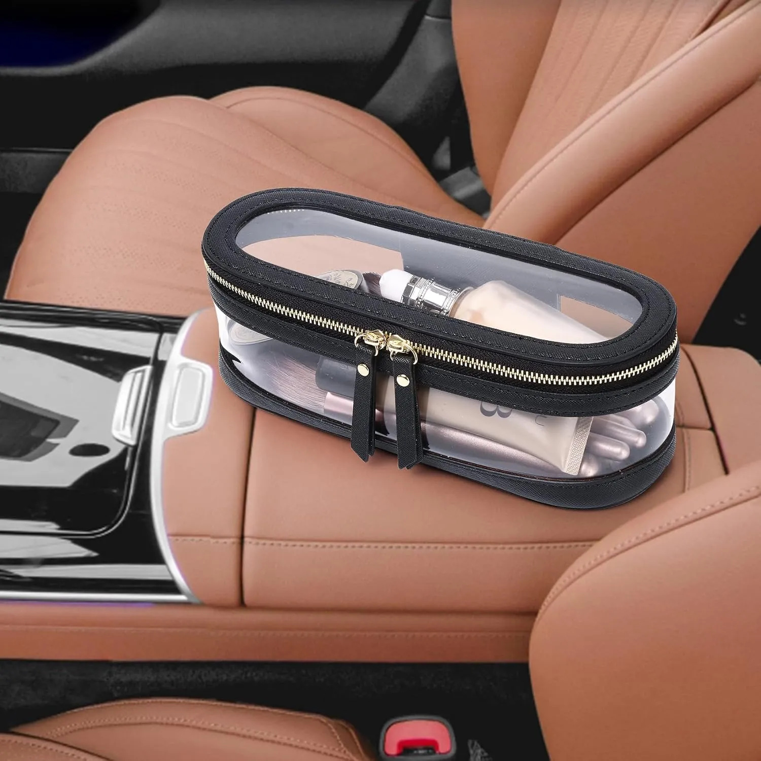 Makeup Brush Case Clear Travel Cosmetic & Toiletry Bag Slim Makeup Bag with Zipper Small Purse Organizer Car Essential Bag for Women (Black, SLIM-2),
