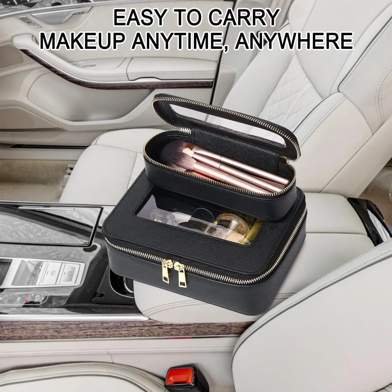 Makeup Brush Case Clear Travel Cosmetic & Toiletry Bag Slim Makeup Bag with Zipper Small Purse Organizer Car Essential Bag for Women (Black, SLIM-3)