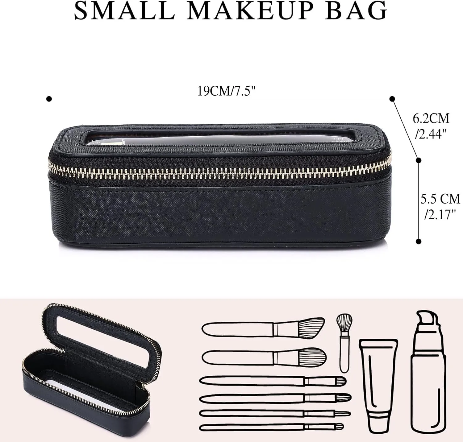 Makeup Brush Case Clear Travel Cosmetic & Toiletry Bag Slim Makeup Bag with Zipper Small Purse Organizer Car Essential Bag for Women (Black, SLIM-3)