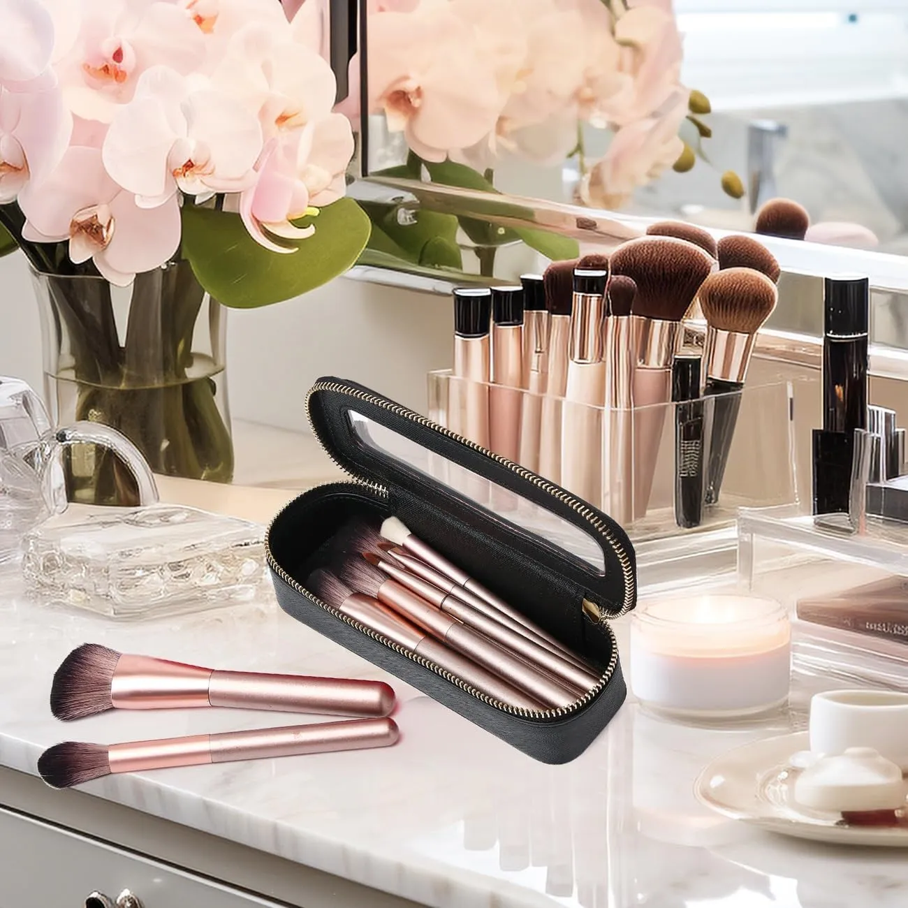 Makeup Brush Case Clear Travel Cosmetic & Toiletry Bag Slim Makeup Bag with Zipper Small Purse Organizer Car Essential Bag for Women (Black, SLIM-3)