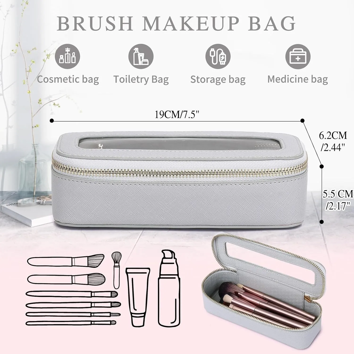 Makeup Brush Case Clear Travel Cosmetic & Toiletry Bag Slim Makeup Bag with Zipper Small Purse Organizer Car Essential Bag for Women (Gray, SLIM-3)