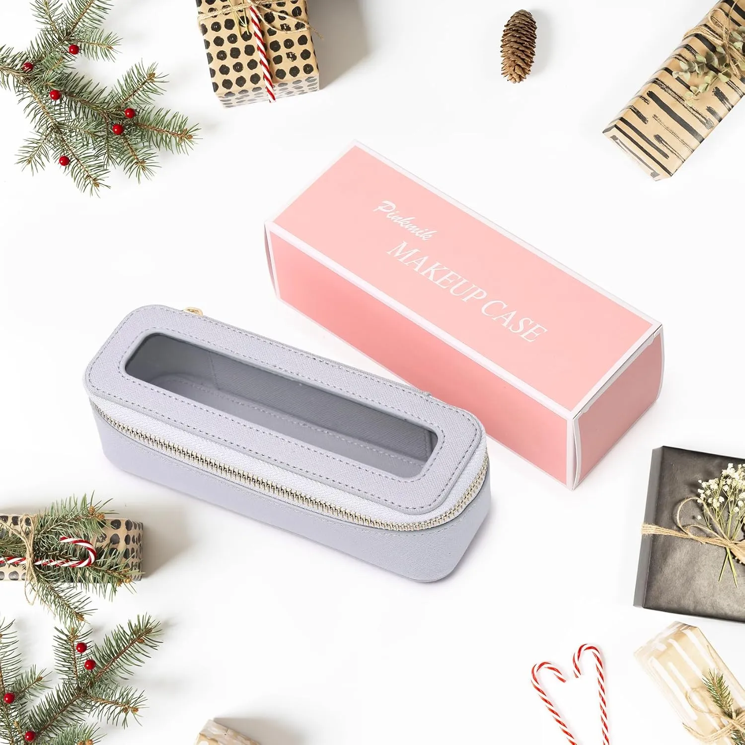 Makeup Brush Case Clear Travel Cosmetic & Toiletry Bag Slim Makeup Bag with Zipper Small Purse Organizer Car Essential Bag for Women (Gray, SLIM-3)