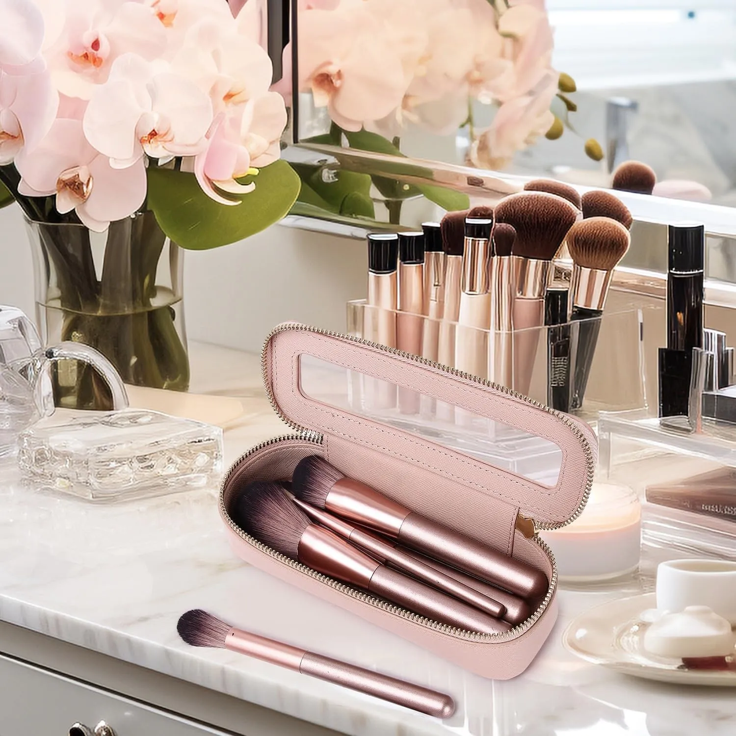 Makeup Brush Case Clear Travel Cosmetic & Toiletry Bag Slim Makeup Bag with Zipper Small Purse Organizer Car Essential Bag for Women (Pink, SLIM-3)