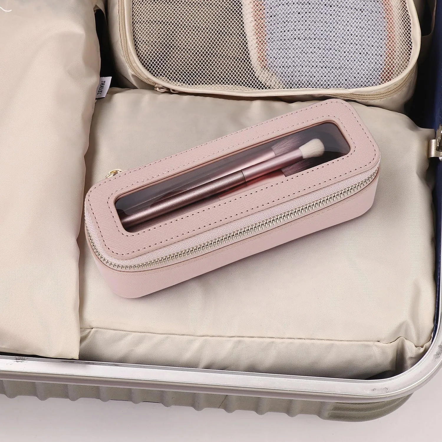 Makeup Brush Case Clear Travel Cosmetic & Toiletry Bag Slim Makeup Bag with Zipper Small Purse Organizer Car Essential Bag for Women (Pink, SLIM-3)