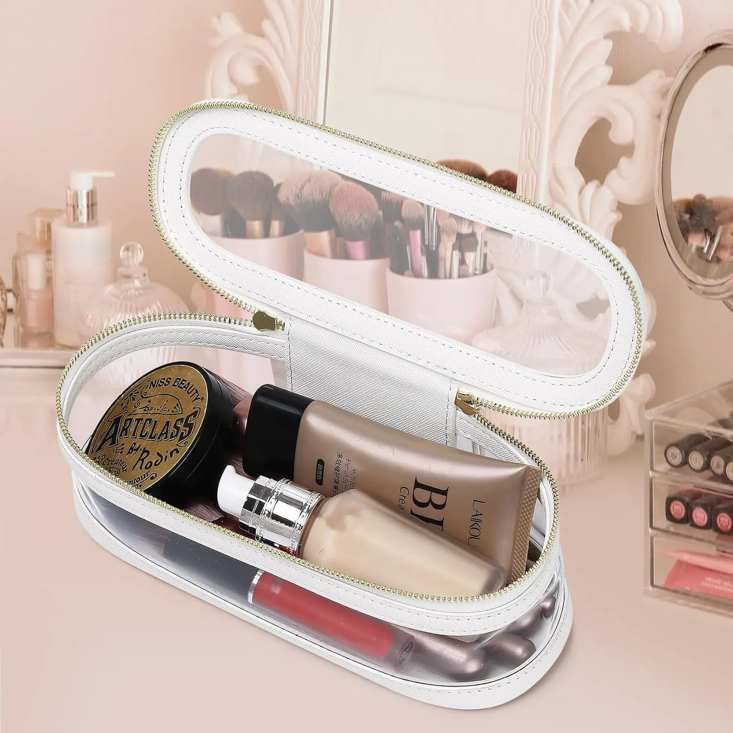 Makeup Brush Case Clear Travel Cosmetic & Toiletry Bag Slim Makeup Bag with Zipper Small Purse Organizer Car Essential Bag for Women (White, SLIM-2)