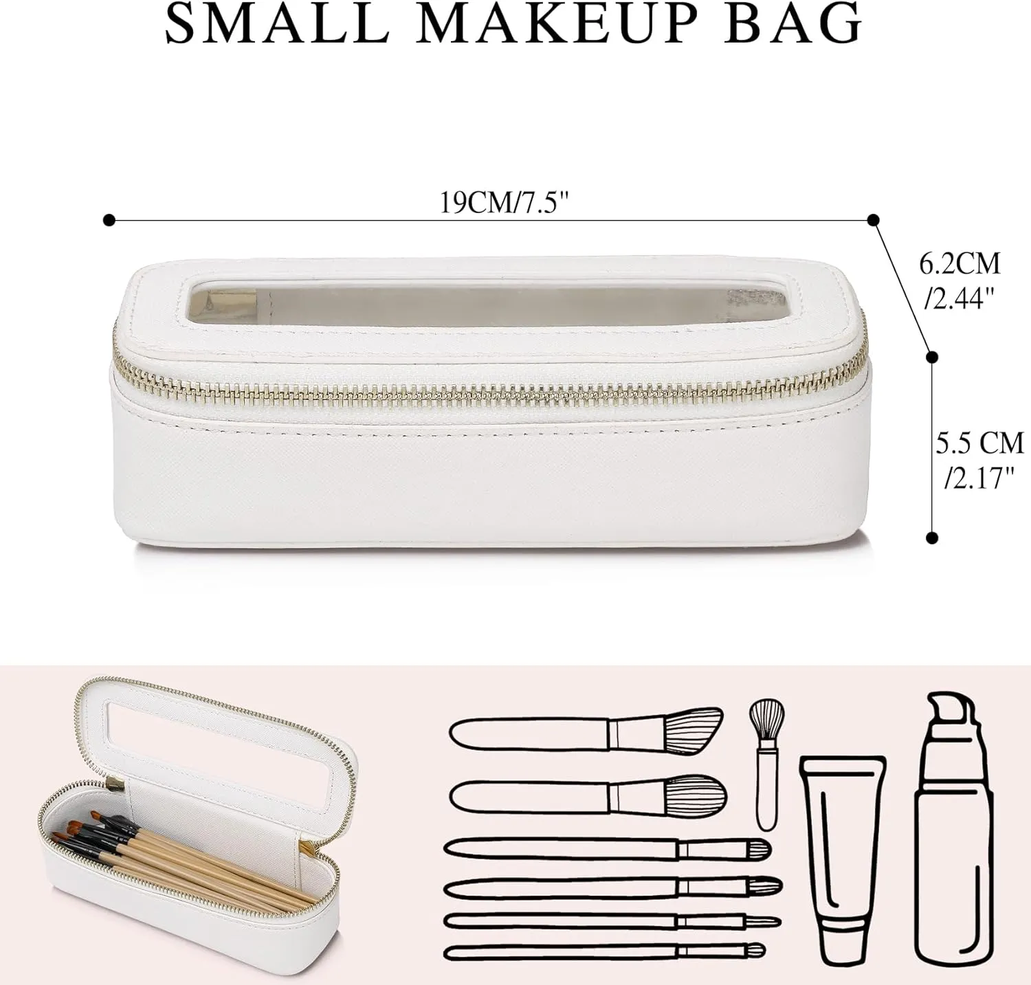 Makeup Brush Case Clear Travel Cosmetic & Toiletry Bag Slim Makeup Bag with Zipper Small Purse Organizer Car Essential Bag for Women (White, SLIM-3)