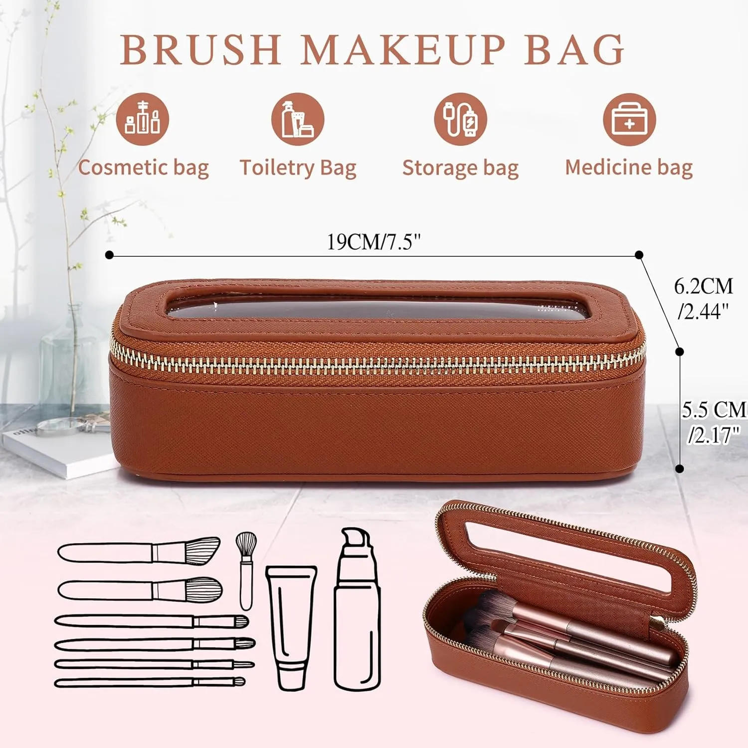 Makeup Brush Case Clear Travel Cosmetic & Toiletry Bag Slim Makeup Bag with Zipper Small Purse Organizer Car Essential Bag for Women (X/Brown, SLIM-3)