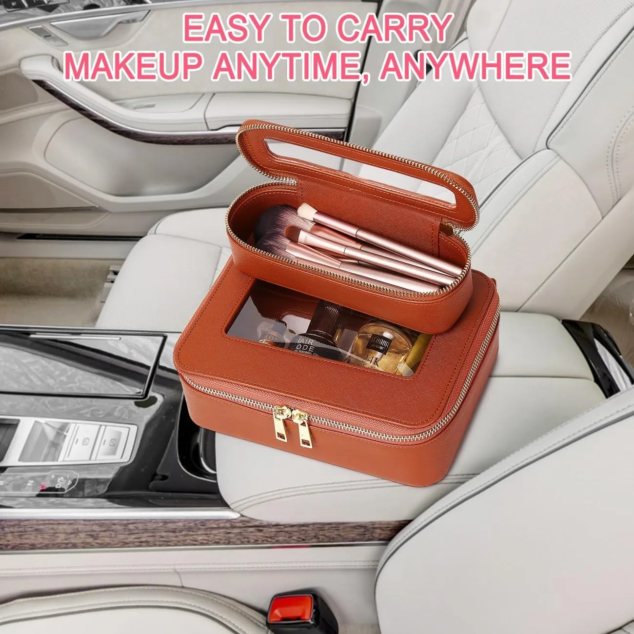 Makeup Brush Case Clear Travel Cosmetic & Toiletry Bag Slim Makeup Bag with Zipper Small Purse Organizer Car Essential Bag for Women (X/Brown, SLIM-3)