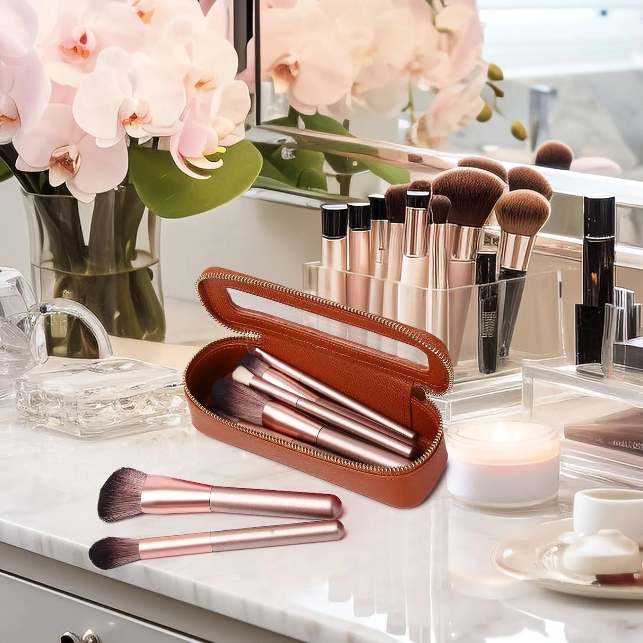 Makeup Brush Case Clear Travel Cosmetic & Toiletry Bag Slim Makeup Bag with Zipper Small Purse Organizer Car Essential Bag for Women (X/Brown, SLIM-3)