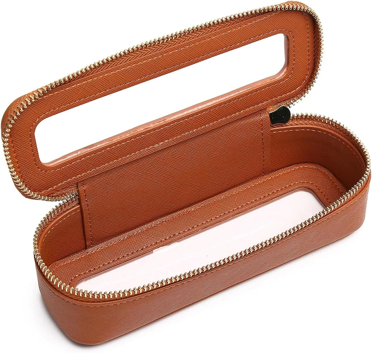 Makeup Brush Case Clear Travel Cosmetic & Toiletry Bag Slim Makeup Bag with Zipper Small Purse Organizer Car Essential Bag for Women (X/Brown, SLIM-3)
