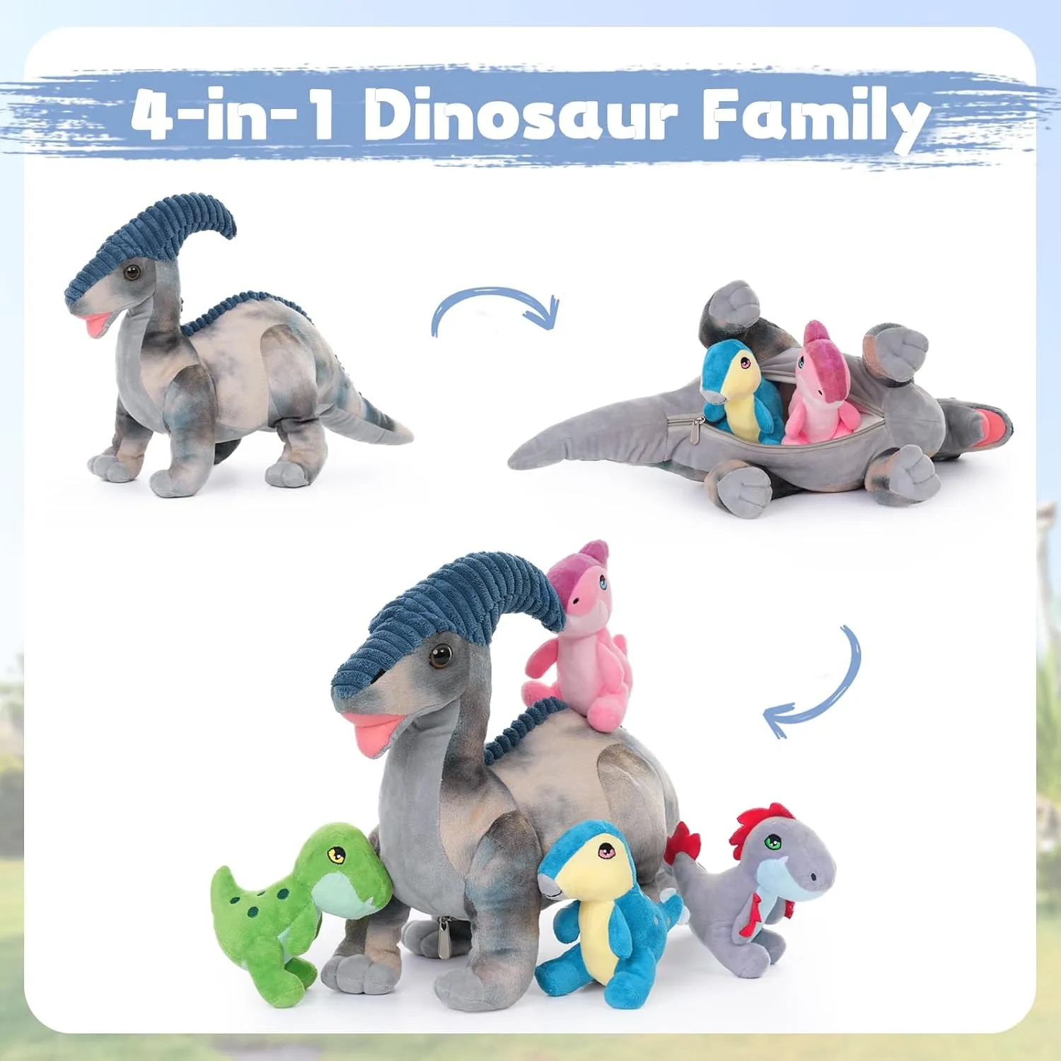 MaoGoLan 22" Giant Dinosaur Stuffed Animal, Big Mommy Parasaurolophus with 4 Babies Inside Dinosaur Plush Toys for Kids Boys Girls 3-5, Gift for Christmas Baby Shower Birthday