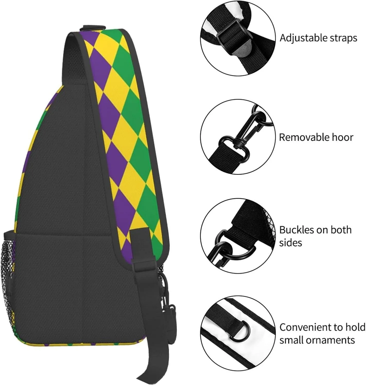 Mardi Gras Harlequin Diamonds Pattern Sling Bag Adjustable Crossbody Bag Casual Chest Bags Travel Shoulder Backpack