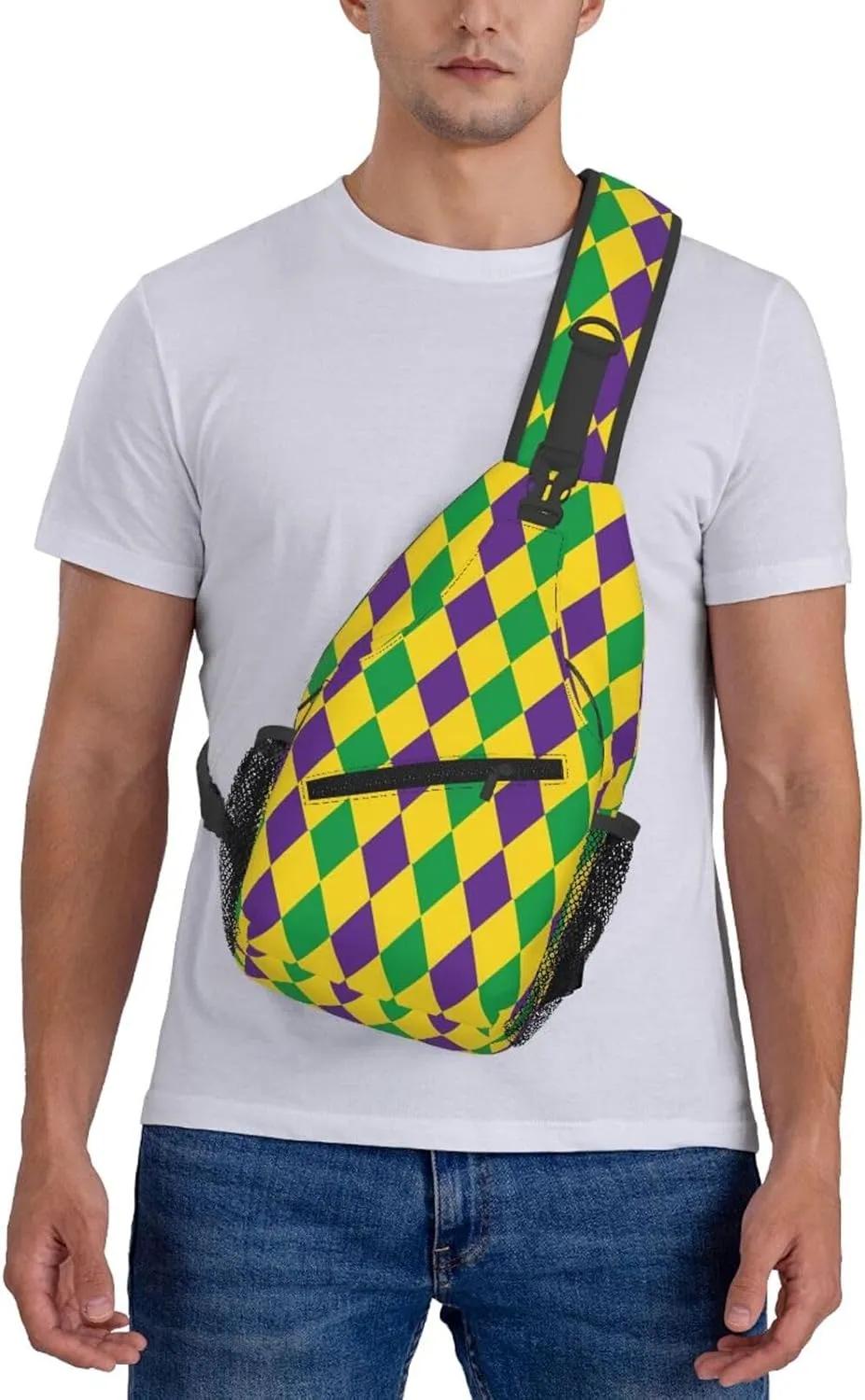 Mardi Gras Harlequin Diamonds Pattern Sling Bag Adjustable Crossbody Bag Casual Chest Bags Travel Shoulder Backpack