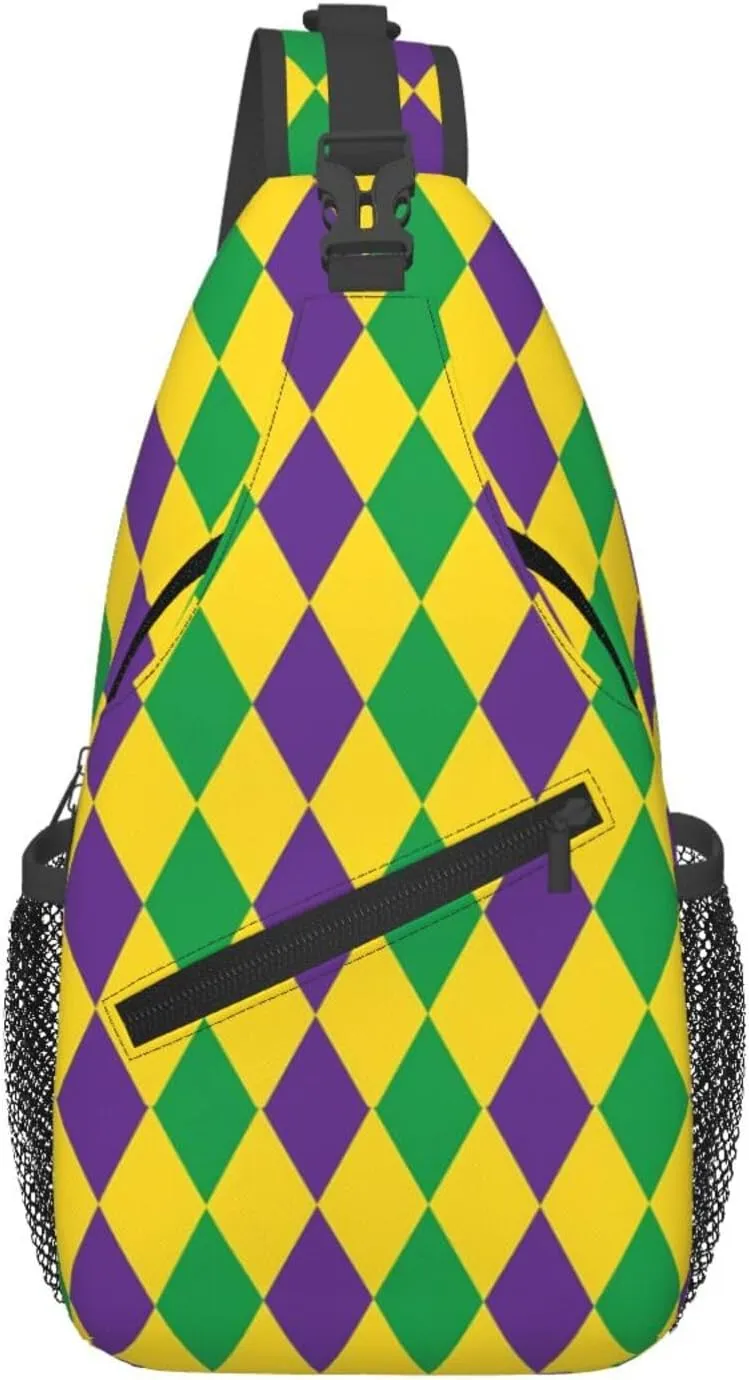 Mardi Gras Harlequin Diamonds Pattern Sling Bag Adjustable Crossbody Bag Casual Chest Bags Travel Shoulder Backpack