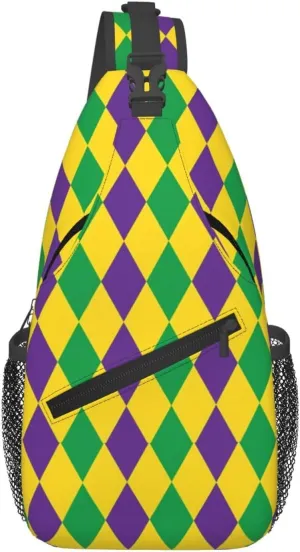 Mardi Gras Harlequin Diamonds Pattern Sling Bag Adjustable Crossbody Bag Casual Chest Bags Travel Shoulder Backpack