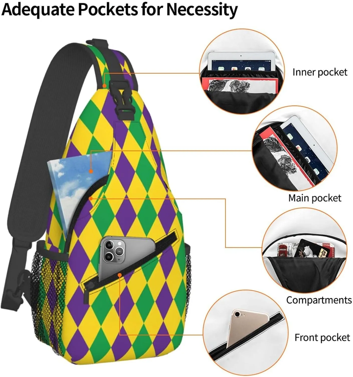 Mardi Gras Harlequin Diamonds Pattern Sling Bag Adjustable Crossbody Bag Casual Chest Bags Travel Shoulder Backpack