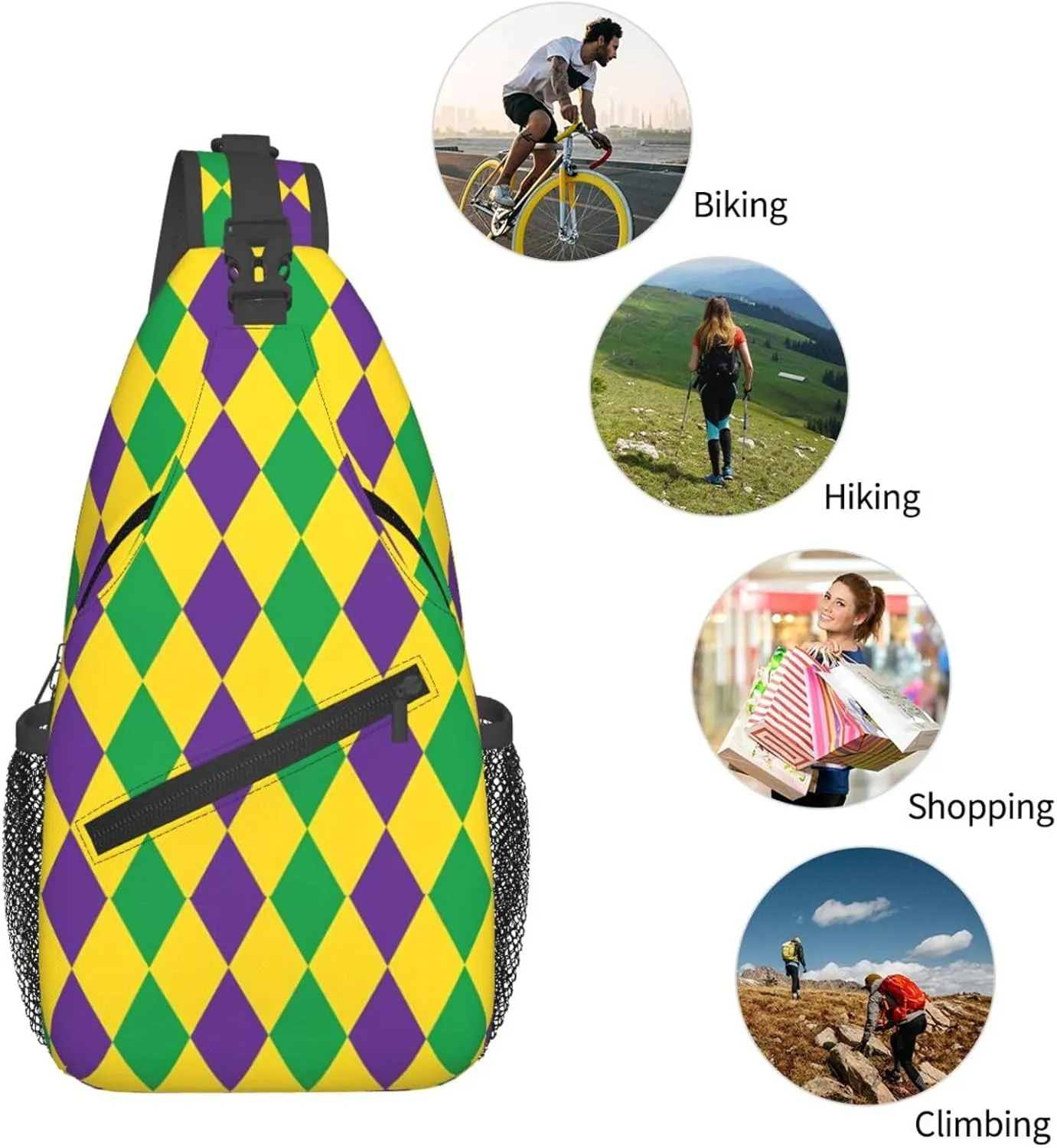 Mardi Gras Harlequin Diamonds Pattern Sling Bag Adjustable Crossbody Bag Casual Chest Bags Travel Shoulder Backpack
