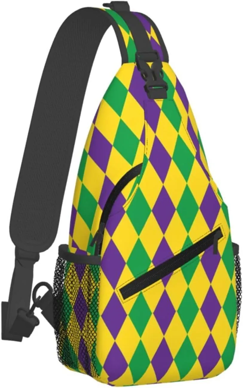 Mardi Gras Harlequin Diamonds Pattern Sling Bag Adjustable Crossbody Bag Casual Chest Bags Travel Shoulder Backpack