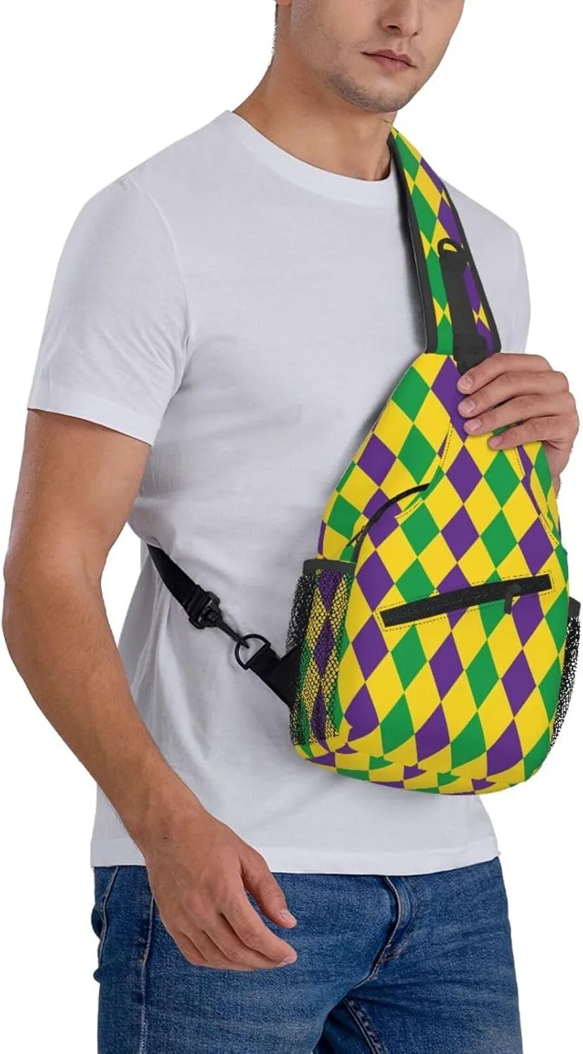 Mardi Gras Harlequin Diamonds Pattern Sling Bag Adjustable Crossbody Bag Casual Chest Bags Travel Shoulder Backpack