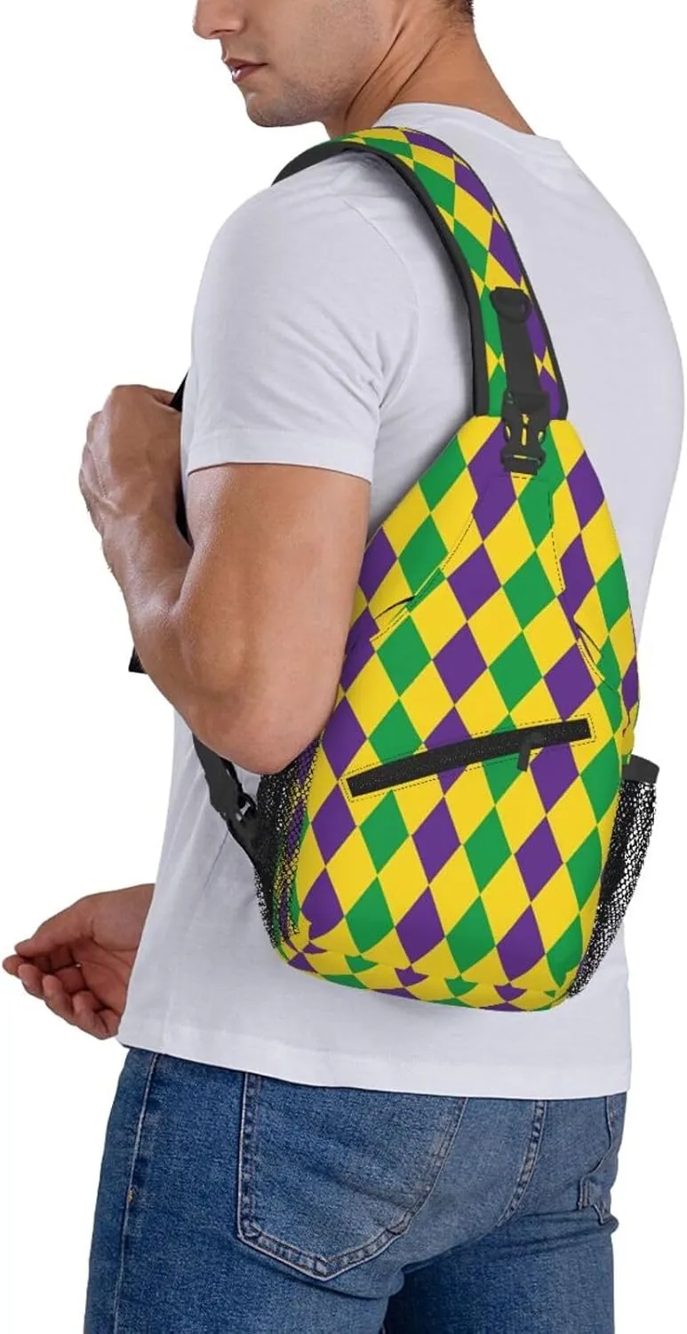 Mardi Gras Harlequin Diamonds Pattern Sling Bag Adjustable Crossbody Bag Casual Chest Bags Travel Shoulder Backpack