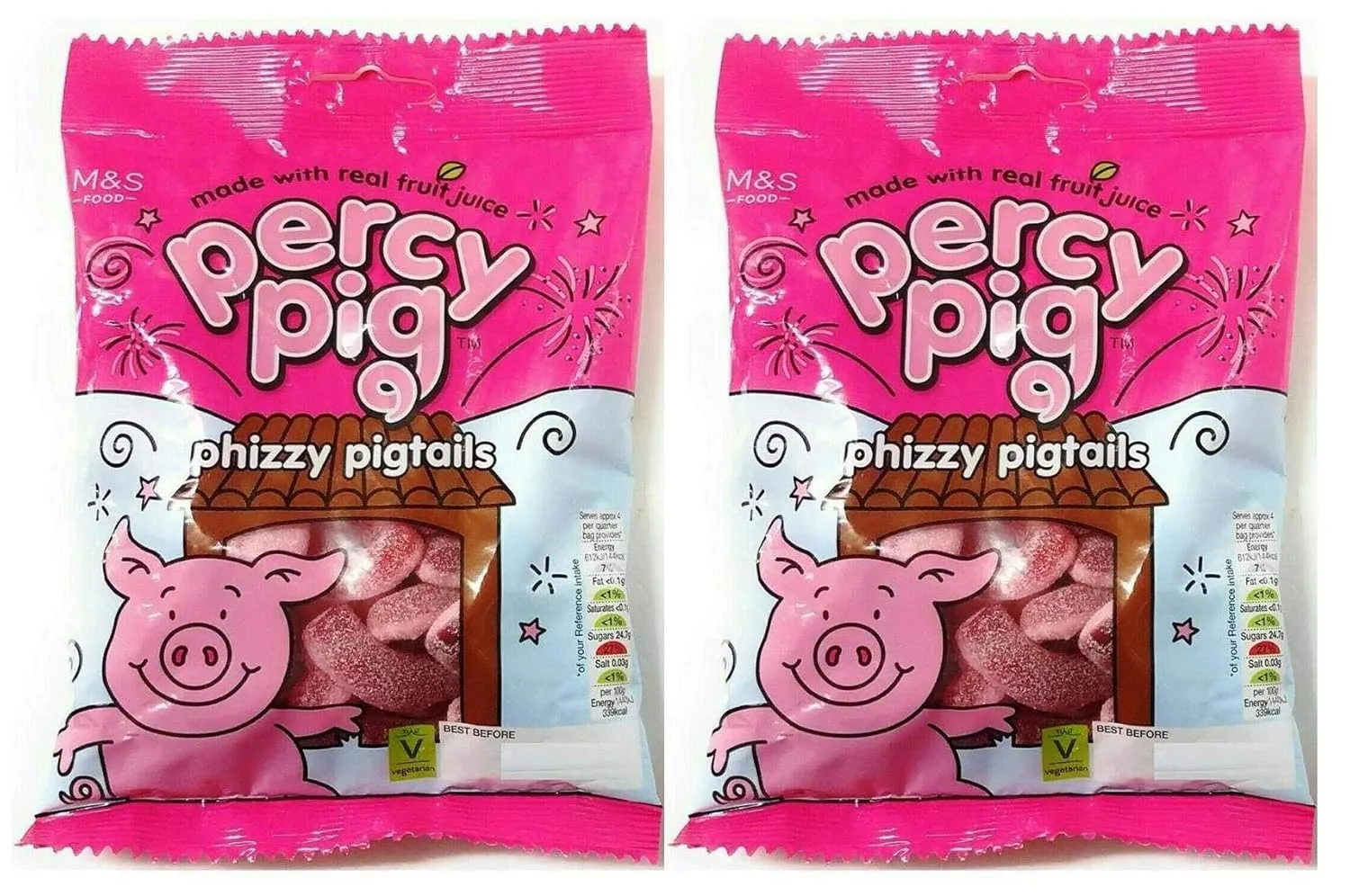 Marks & Spencer | Percy Pigs Phizzy Pig Tails Fruity Soft Gums With a Fizzy Hint | 2 x 170g Bags