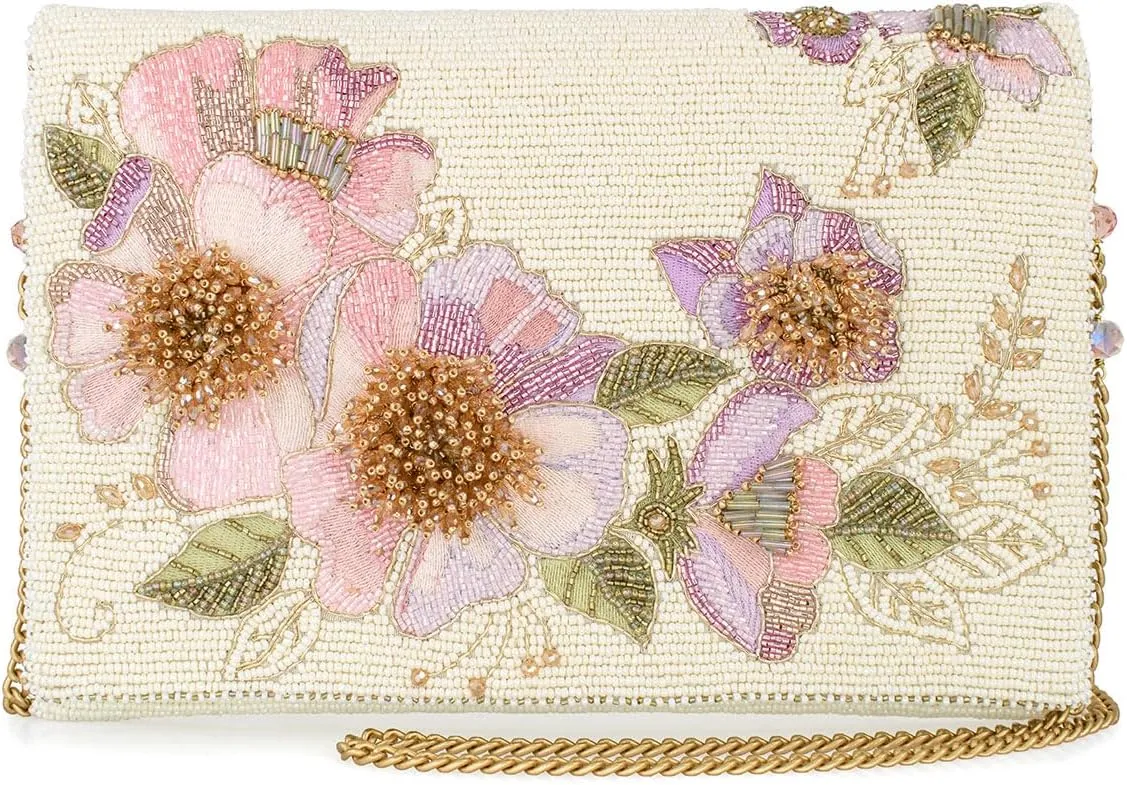 Mary Frances Blushing Blossoms Beaded Floral Clutch Handbag – Romantic Vegan Crossbody for Bridal & Special Occasions, Multicolor