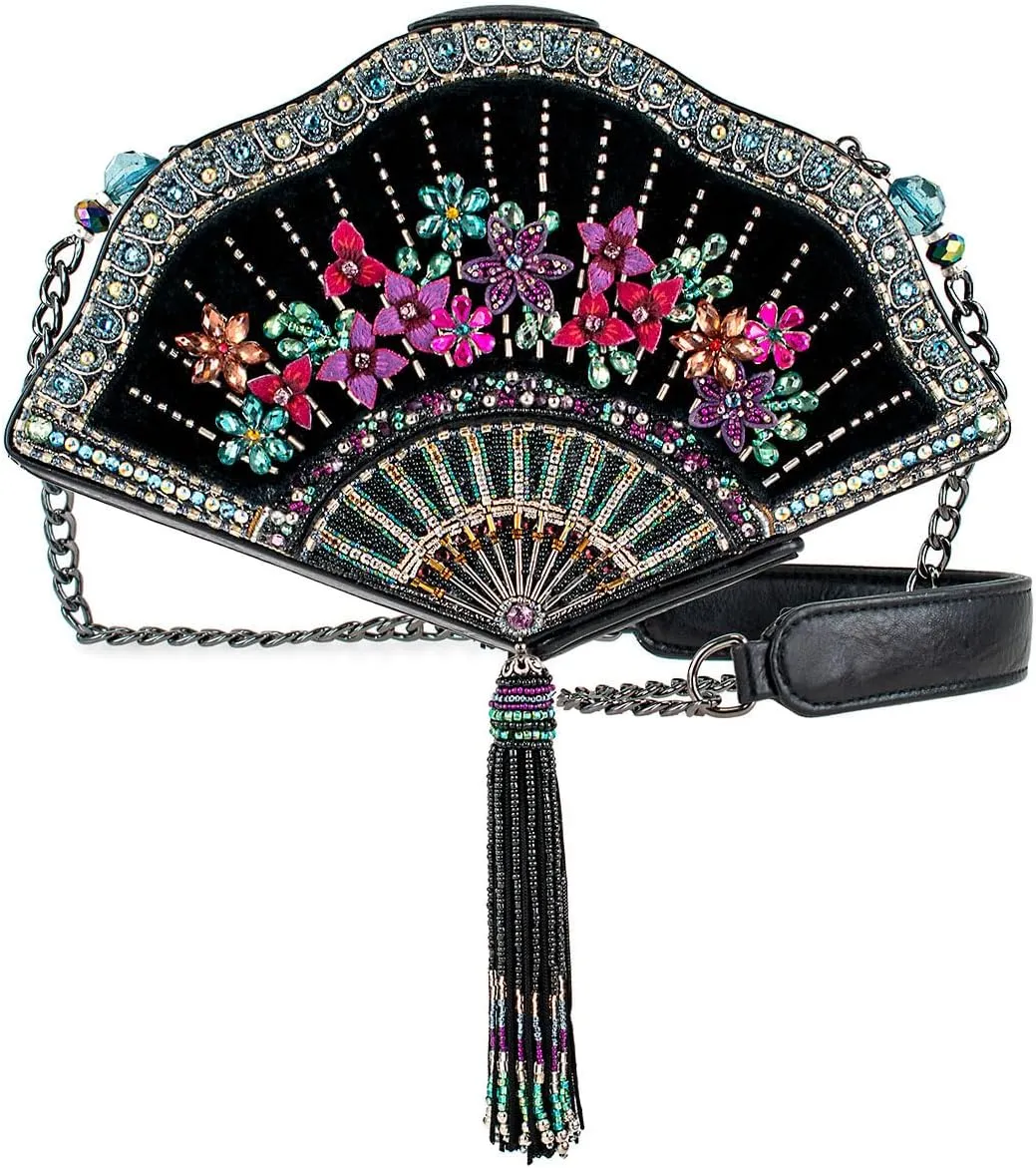 Mary Frances Coquette Beaded Handbag Fan-Shaped Floral Tassel Crossbody Bag, Pewter