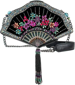 Mary Frances Coquette Beaded Handbag Fan-Shaped Floral Tassel Crossbody Bag, Pewter