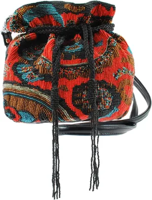 Mary Frances Passionate Paisley Red Vintage Hand Crafted Extensively Beaded Summer Of Love 60’s Retro Throwback Drawstring Small Bucket Shoulder Bag