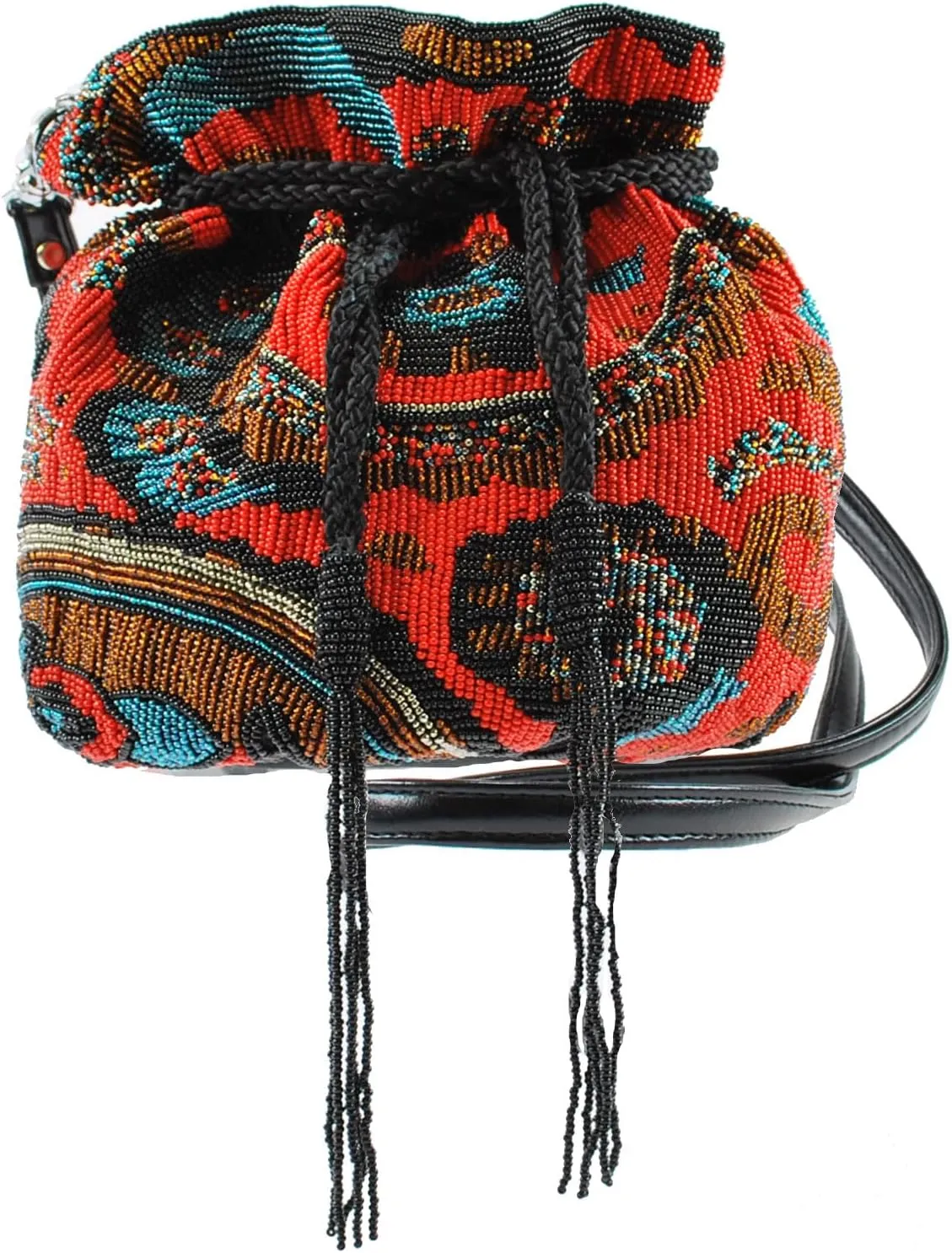 Mary Frances Passionate Paisley Red Vintage Hand Crafted Extensively Beaded Summer Of Love 60’s Retro Throwback Drawstring Small Bucket Shoulder Bag
