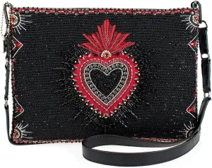 Mary Frances Soul Searcher Beaded Crossbody Handbag with Red Embroidered Heart Novelty Evening Purse Bag, Black