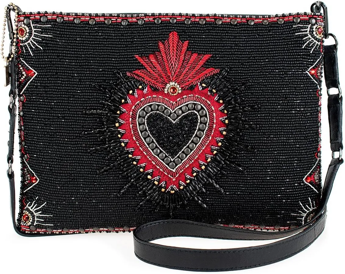 Mary Frances Soul Searcher Beaded Crossbody Handbag with Red Embroidered Heart Novelty Evening Purse Bag, Black